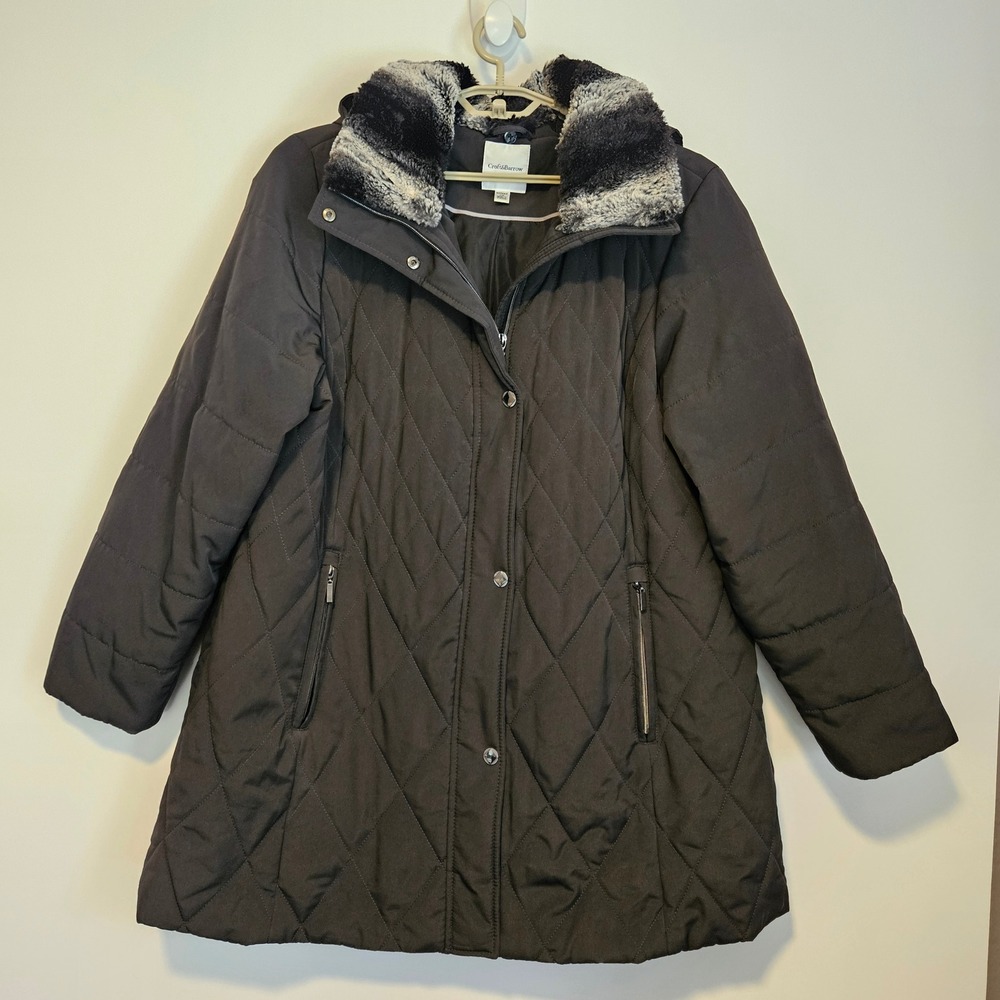 Croft & Barrow Quilted Coat 2X Black Faux Fur Hooded Jacket Puffer Swing Fall